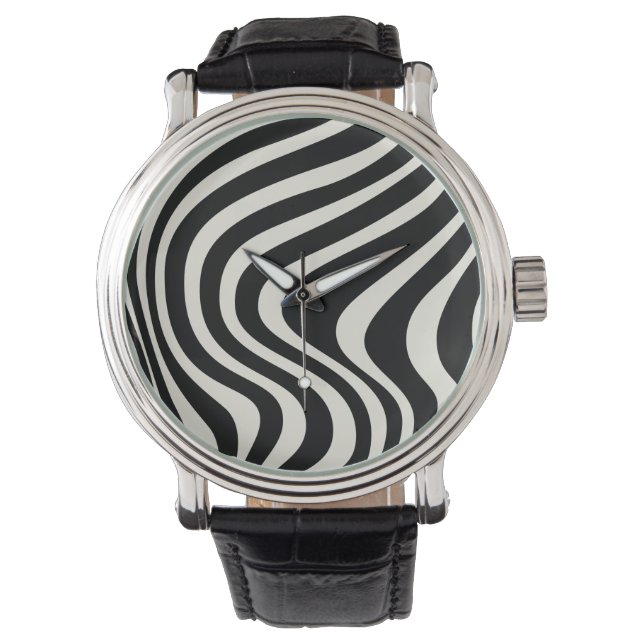 Black and white retro style waves watch (Front)