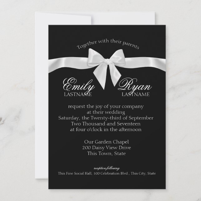 Black and White Ribbon Bow Wedding Invitation (Front)