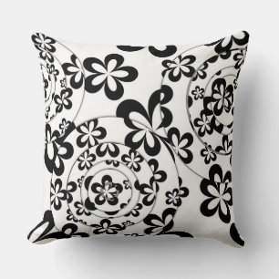 Black and White Rings and Flowers Cushion