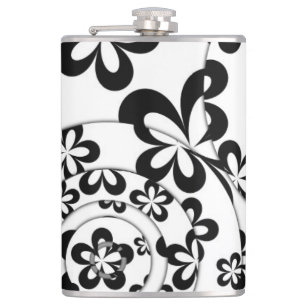 Black and White Rings and Flowers Hip Flask