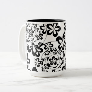 Black and White Rings and Flowers Two-Tone Coffee Mug