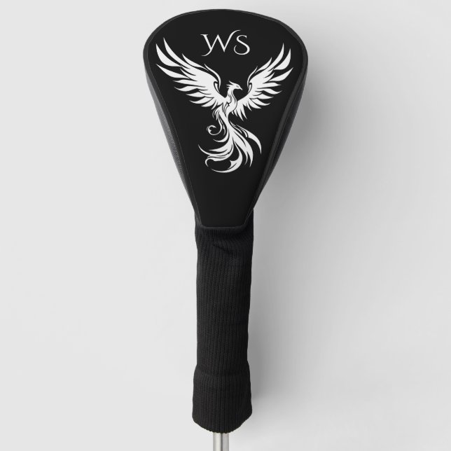 Black and White Rising Phoenix Monogram Initials Golf Head Cover (Front)