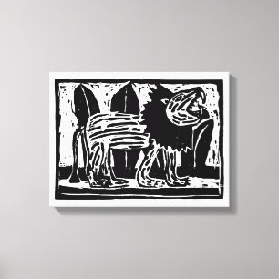 Black and White Roaring Lion Lino Cut Canvas Print