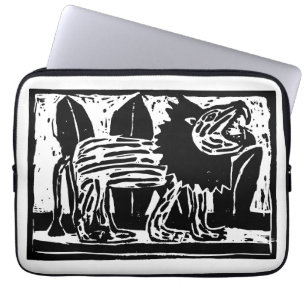 Black and White Roaring Lion Lino Cut Laptop Sleeve
