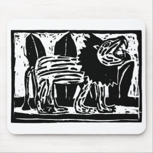 Black and White Roaring Lion Lino Cut Mouse Pad