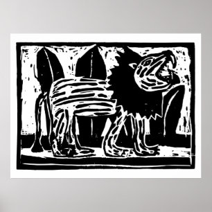 Black and White Roaring Lion Lino Cut Poster