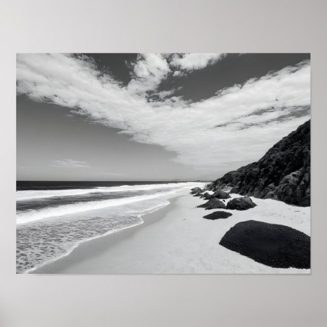 Black And White Rocky Ocean Waves Seascape Poster (Front)