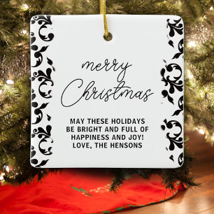 Black and White Rococo Merry Christmas Script  Ceramic Ornament
