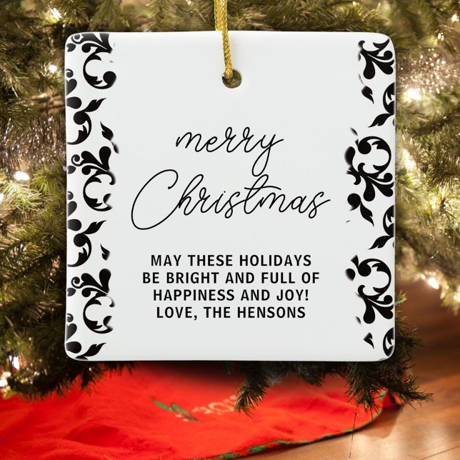 Black and White Rococo Merry Christmas Script  Ceramic Ornament (Creator Uploaded)