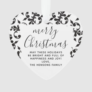 Black and White Rococo Merry Christmas Script Ornament