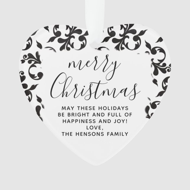 Black and White Rococo Merry Christmas Script Ornament (Front)