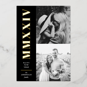 Black and White Roman Numerals Two Photo Foil Holiday Card