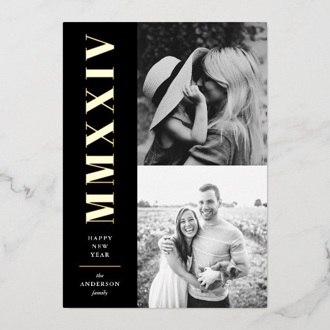 Black and White Roman Numerals Two Photo Foil Holiday Card (Front)
