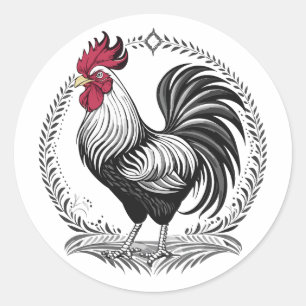 Black and white rooster classic round sticker