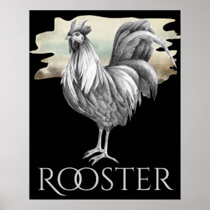 Black and White Rooster Dramatic Chicken Farm Poster