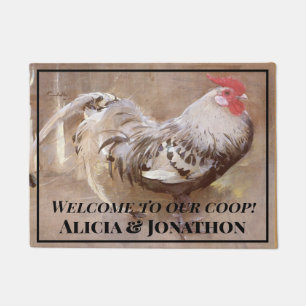 Black and White Rooster  "Welcome to Our Coop" Doormat