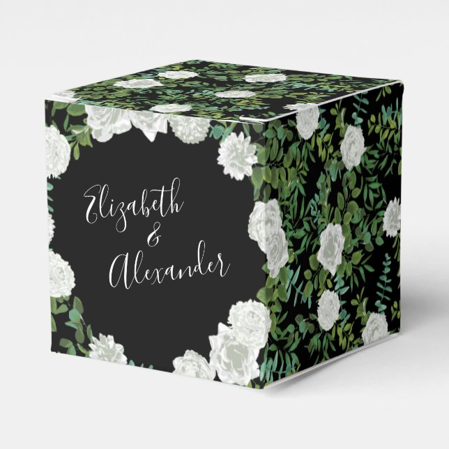 Black and White Rose Floral Wedding Favour Box (Front Side)