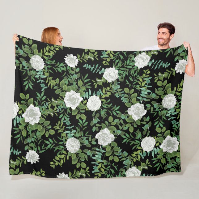Black and White Rose Floral Wedding Fleece Blanket (In Situ)