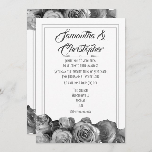 Black and white rose floral wedding invitation (Front/Back)