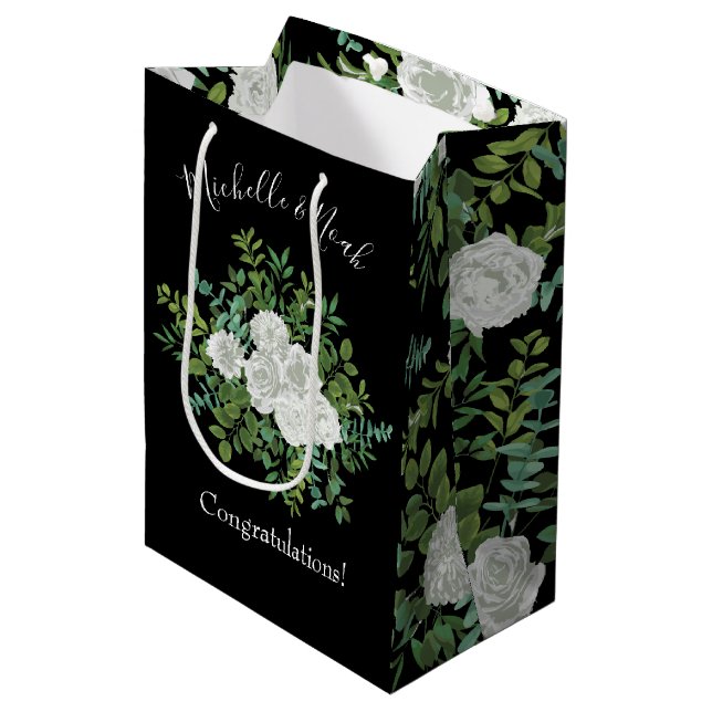 Black and White Rose Floral Wedding Medium Gift Bag (Front Angled)