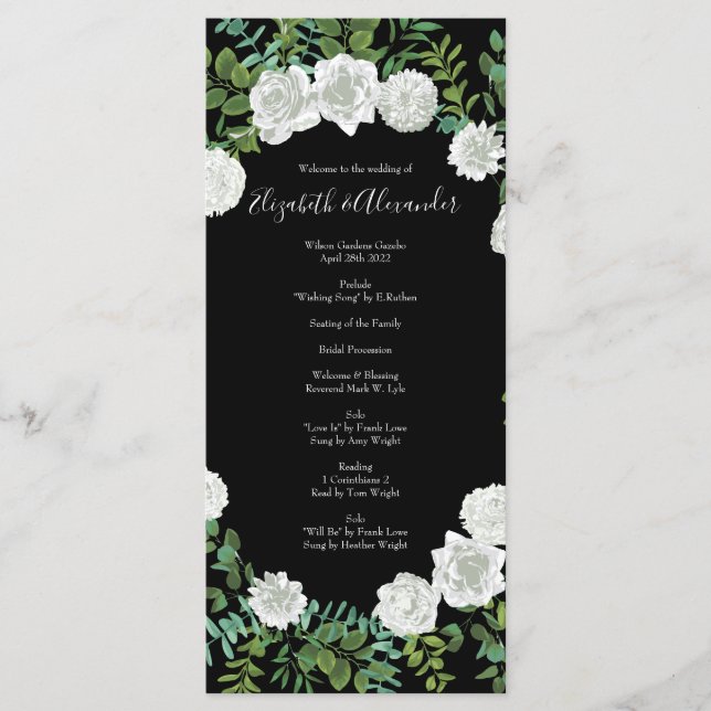 Black and White Rose Floral Wedding Menu (Front)