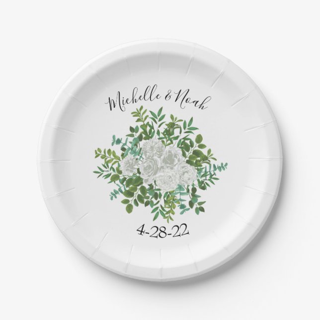 Black and White Rose Floral Wedding Paper Plate (Front)