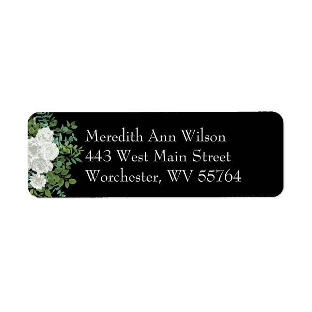 Black and White Rose Floral Wedding Return Address Label (Front)