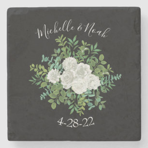 Black and White Rose Floral Wedding Stone Coaster