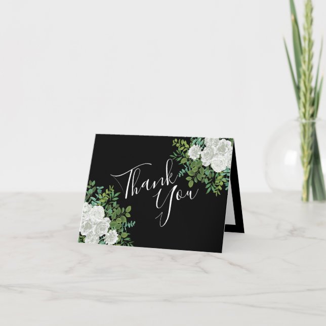 Black and White Rose Floral Wedding Thank You Card (Front)