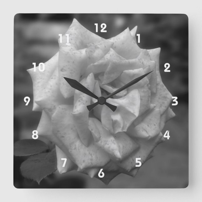 Black And White Rose Flower Square Wall Clock (Front)