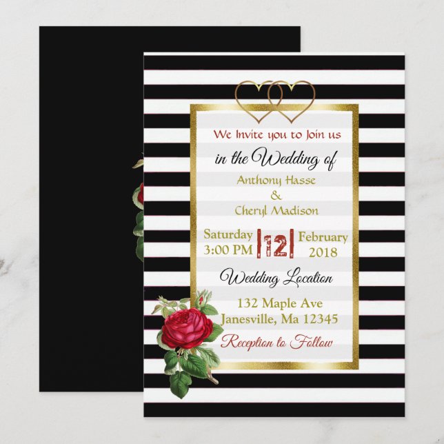Black and White Rose Gold Wedding Invitations (Front/Back)