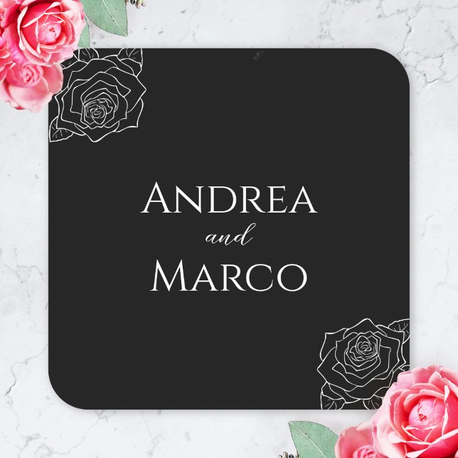 Black And White Rose Gothic Wedding Favour Square Sticker (gothic wedding sticker)