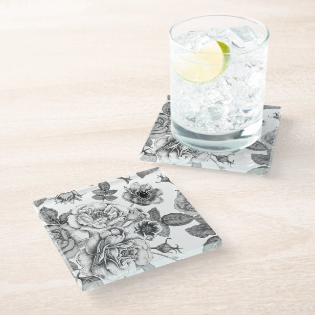 Black and White Rose Pattern Coaster (Angled)