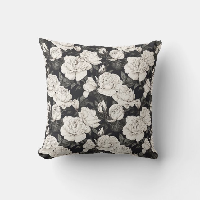 Black and White Rose Pattern Cushion (Front)