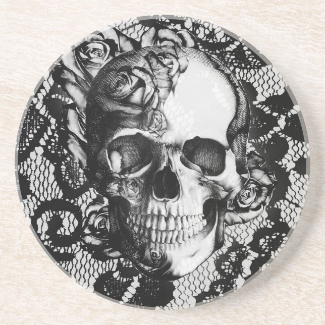 Black and white rose skull on lace background. coaster (Front)