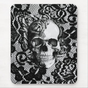 Black and white rose skull on lace background. mouse pad