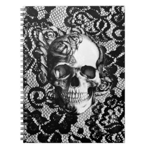 Black and white rose skull on lace background. notebook