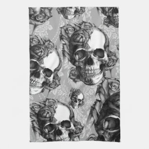 Black and white rose skull pattern, hand drawn. tea towel