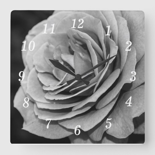 Black and White Rose Square Wall Clock (Front)