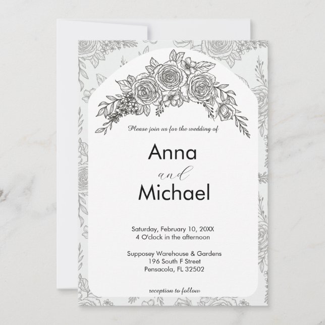 Black and White Rose Wedding Invitation (Front)