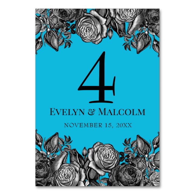 Black and White Roses Electric Blue Wedding Table Number (Front)