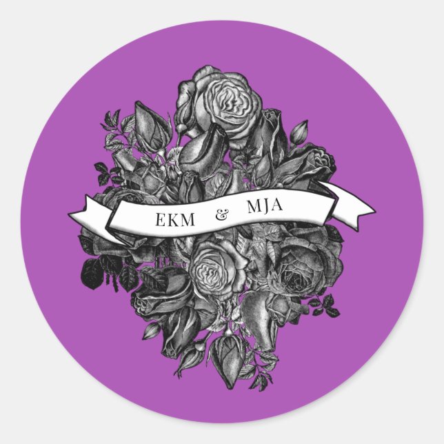Black and White Roses Electric Purple Wedding Classic Round Sticker (Front)