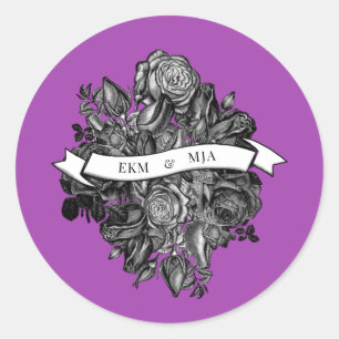 Black and White Roses Electric Purple Wedding Classic Round Sticker