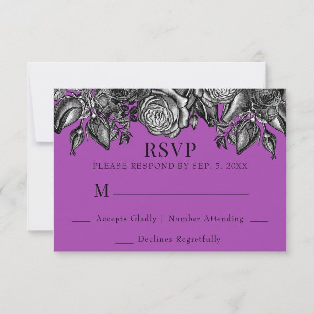Black and White Roses Electric Purple Wedding RSVP Card (Front)