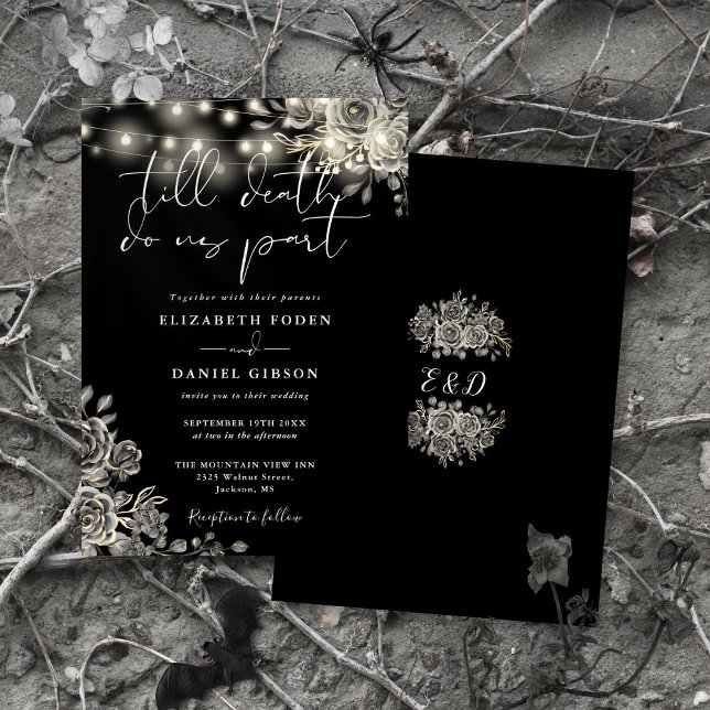 Black And White Roses Floral Lights Gothic Wedding Invitation (Black And White Roses Floral Lights Gothic Wedding Invitation)