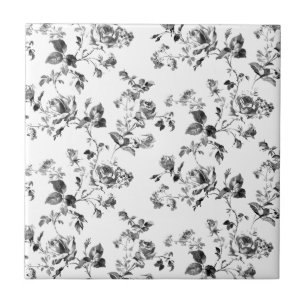 Black and White Roses Floral Pattern Ceramic Tile