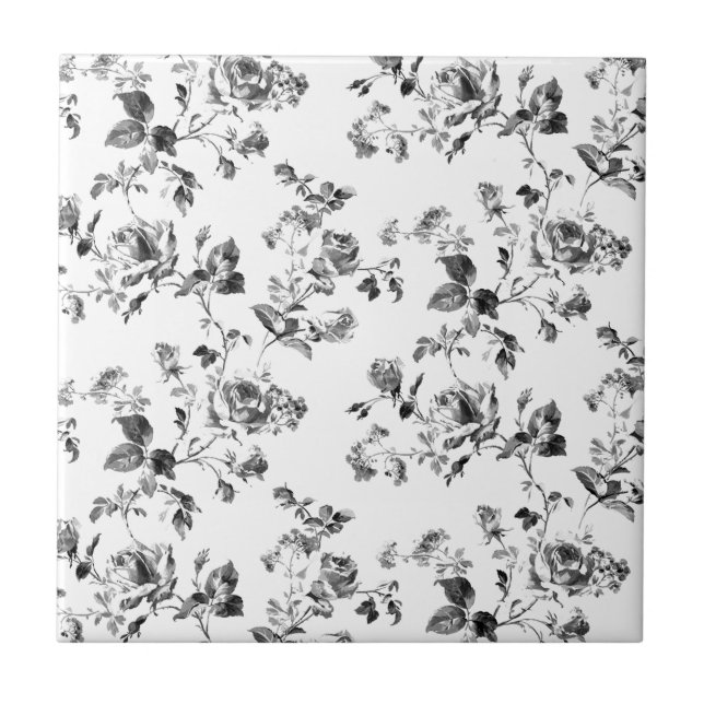 Black and White Roses Floral Pattern Ceramic Tile (Front)