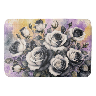 Black and White Roses Geometric Watercolor Style Bath Mat