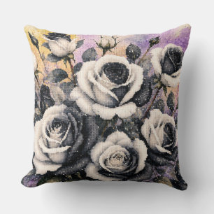 Black and White Roses Geometric Watercolor Style Cushion