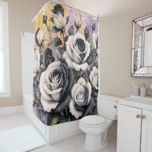 Black and White Roses Geometric Watercolor Style Shower Curtain